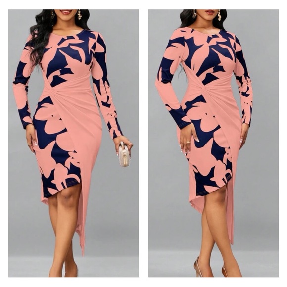 Graphic Print Ruched Asymmetrical Hem BodyCon Long Sleeve Dress - Picture 2 of 3
